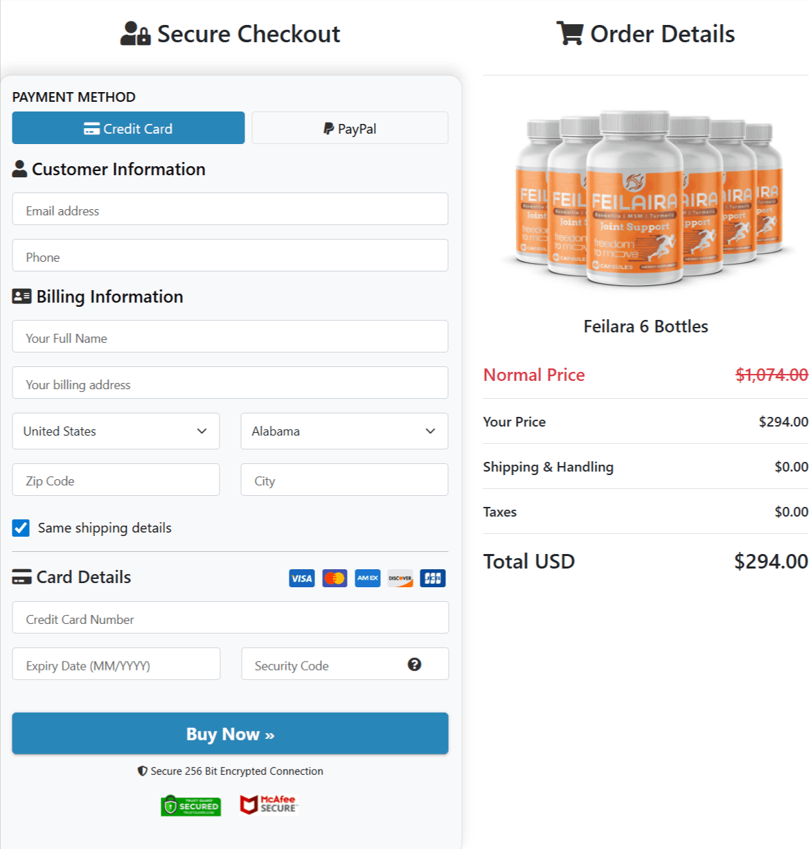 Feilaira Checkout page